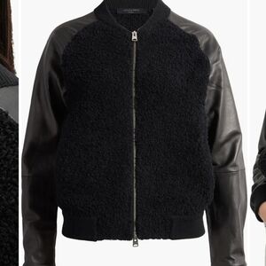 All Saints Renata Black Leather Sleeve Wool Blend Bomber Jacket